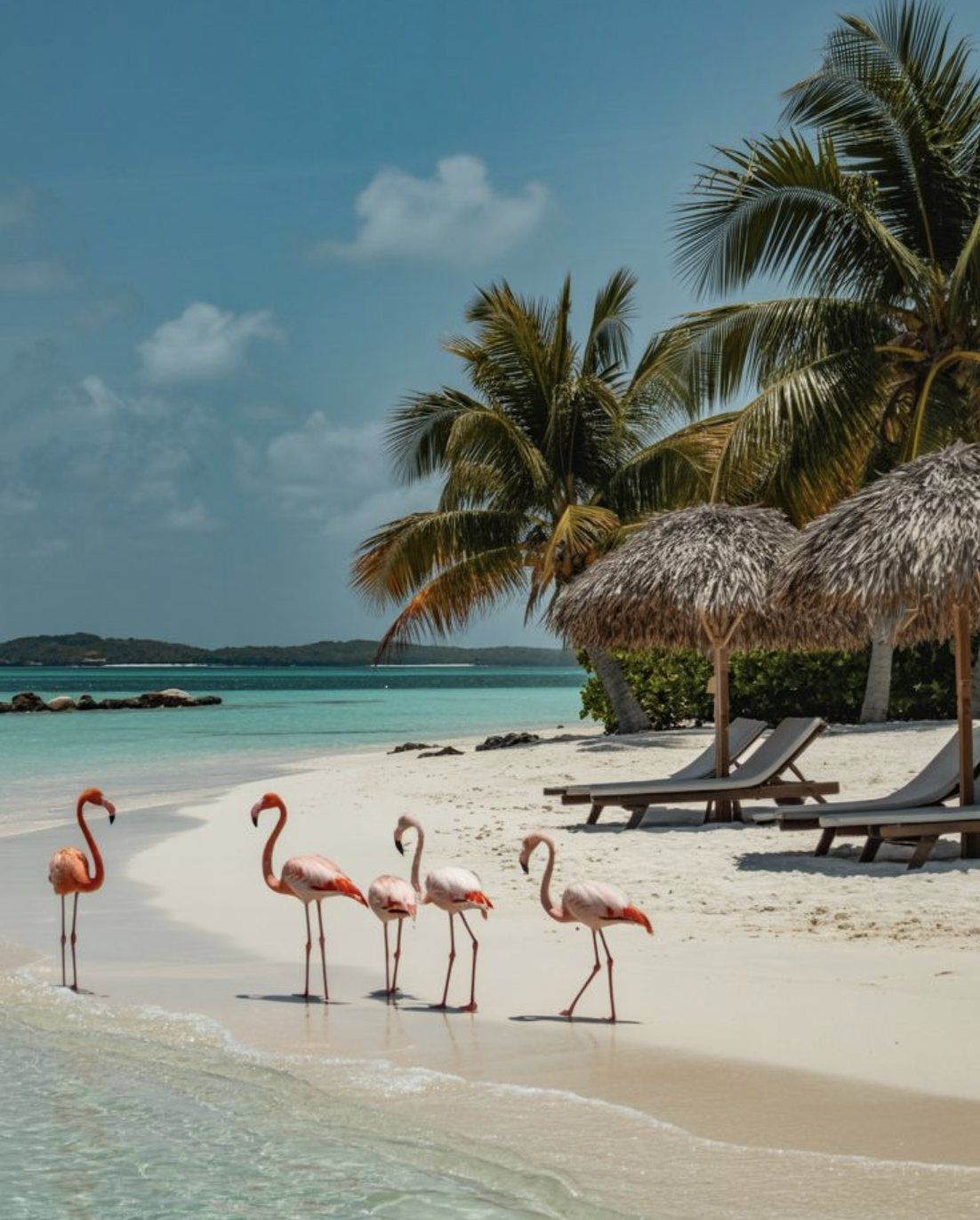 Flamencos en una playa de arena blanca con palmeras