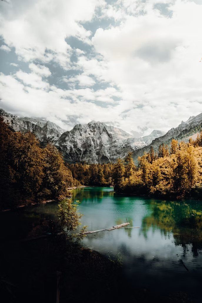 Lago entre montañas y bosques de otoño